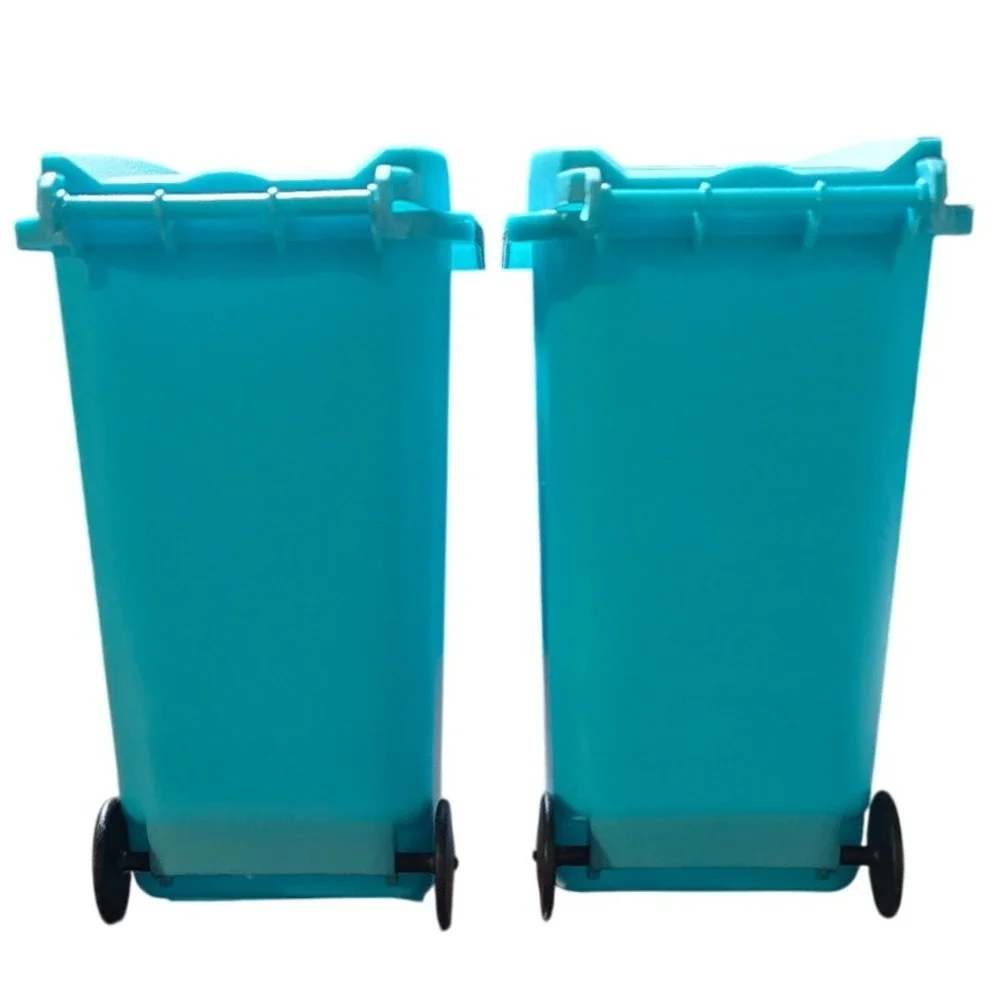 Set of 2 teal blue Mini Trash Can Recycling Bin plastic pencil holder wheels 5.5